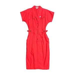 Nok Nok Vintage Red Safari Utility Midi Dress Snap Front‎ V Neck Womens Size M